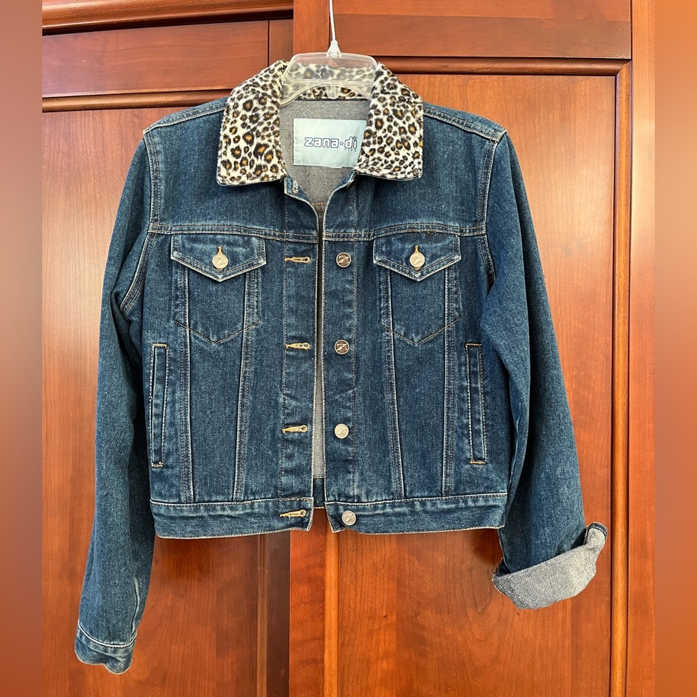 Zana Di Blue Denim Jacket with Leopard Print Collar